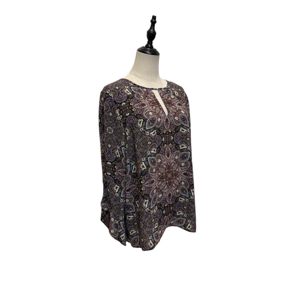 J Jill Blouse Sz M Purple‎ Brown Paisley Tunic Flares Sleeve Boho Cottage - Picture 2 of 9